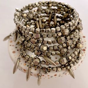 Metallic Silver Metal Spiral Wrap Beaded Bangle Bracelet on Memory Wire